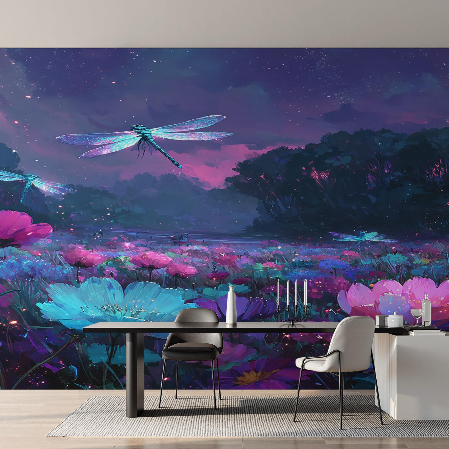 Papier peint panoramique libellule pour transformer un mur blanc triste en salon chic