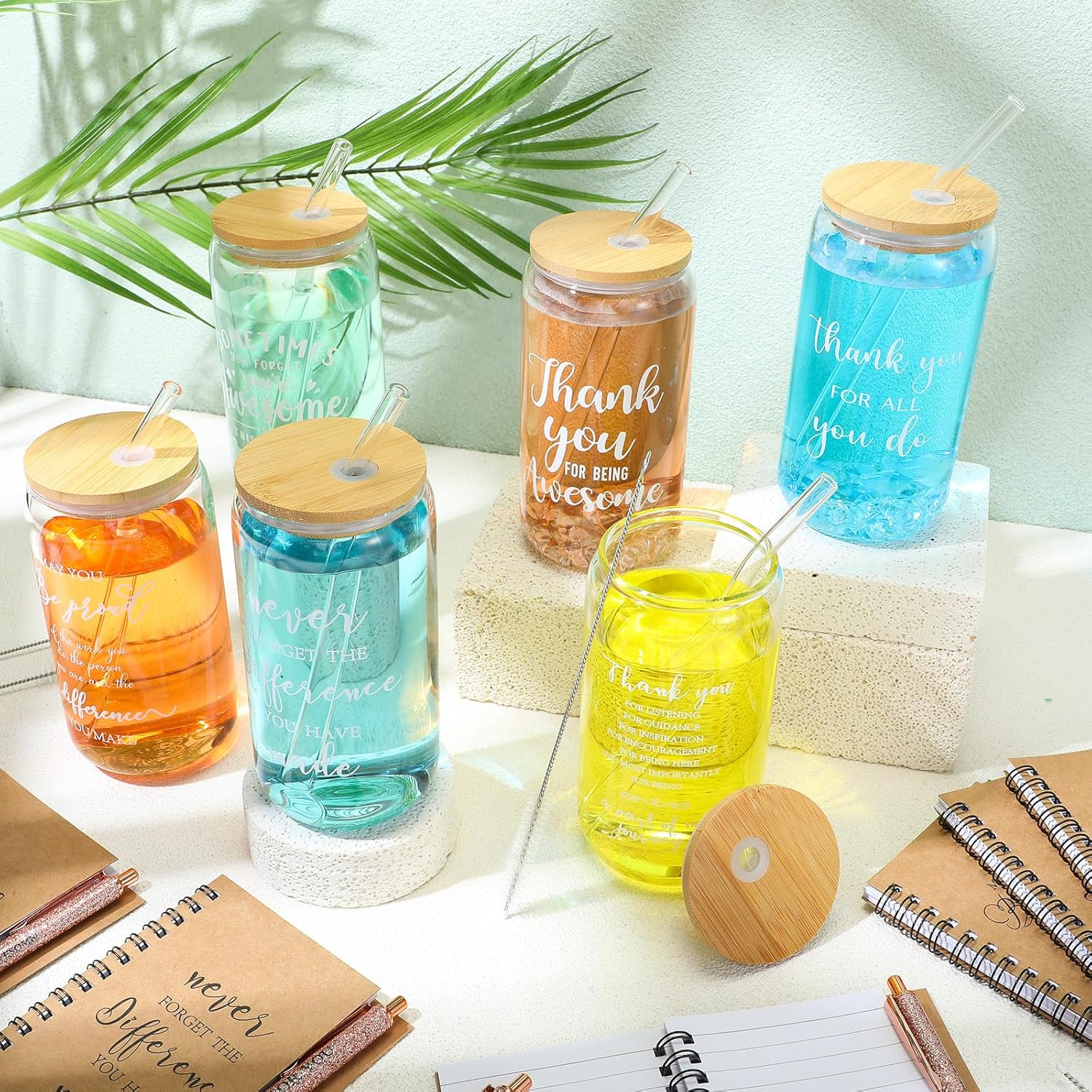 18 Pcs Administrative Professionals Day Gifts Teacher Employee Appreciation Thank You Coworkers Staff Volunteers Team Party Favors Glass Cups with Lids Straws Notebooks Pens(Be Proud)