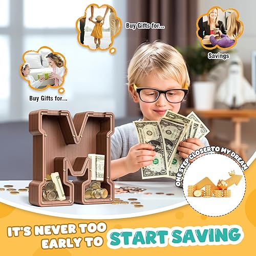 Miniatura 391 de SummiDate Alcancía de madera con nombre, niños y niñas, tamaño grande, letras alfabeto A-Z, monedas y billetes, inicial en cubierta transparente