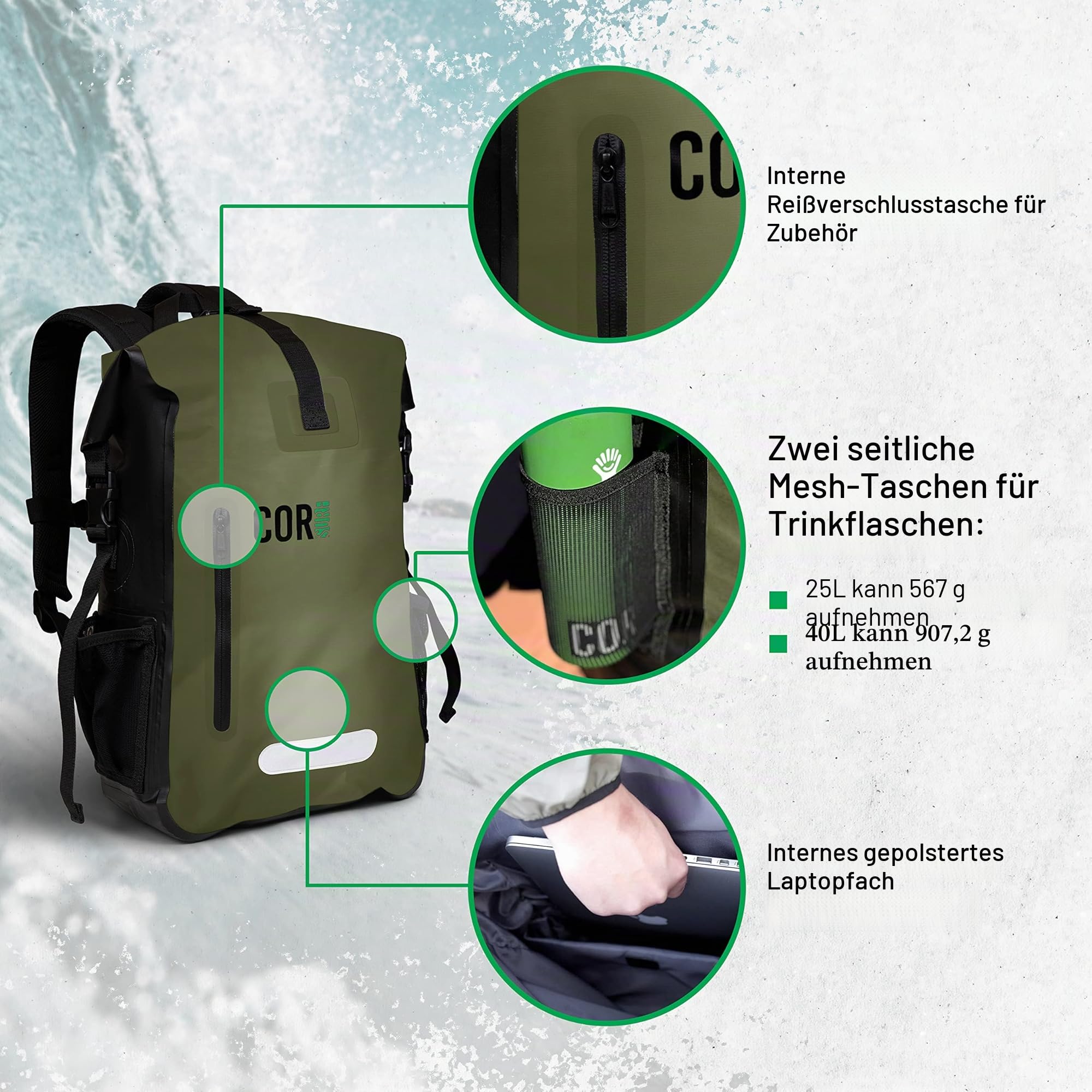 COR Surf Wasserdichter Dry-Bag-Rucksack von mit gepolsterter Laptop-Hülle, robuster Roll-Top-Rucksack