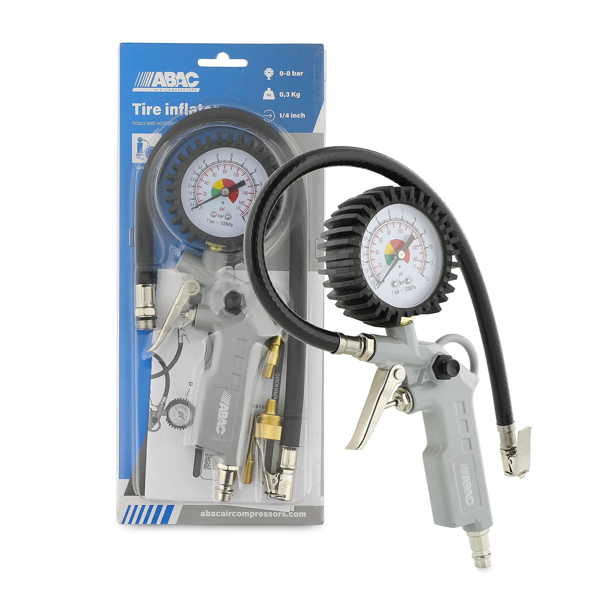 ABAC Pistola Gonfiaggio Pneumatici per Compressore 4 Pezzi G-580, Inclusi Gonfiagomme con Manometro e 3 Punte di Gonfiaggio, Pressione Max 8 Bar