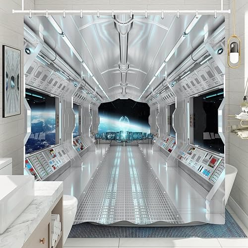 Miniatura 2 de Cortinas de ducha de nave espacial blanca para decoración de baño, 72 pulgadas de ancho x 72 pulgadas de alto, juego de cortinas de ducha con