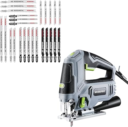WORKPRO Juego de 25 hojas de sierra de calar con vástago en T + sierra de calar WORKPRO de 6.5AMP 850W con cable, kit de herramientas de sierra de