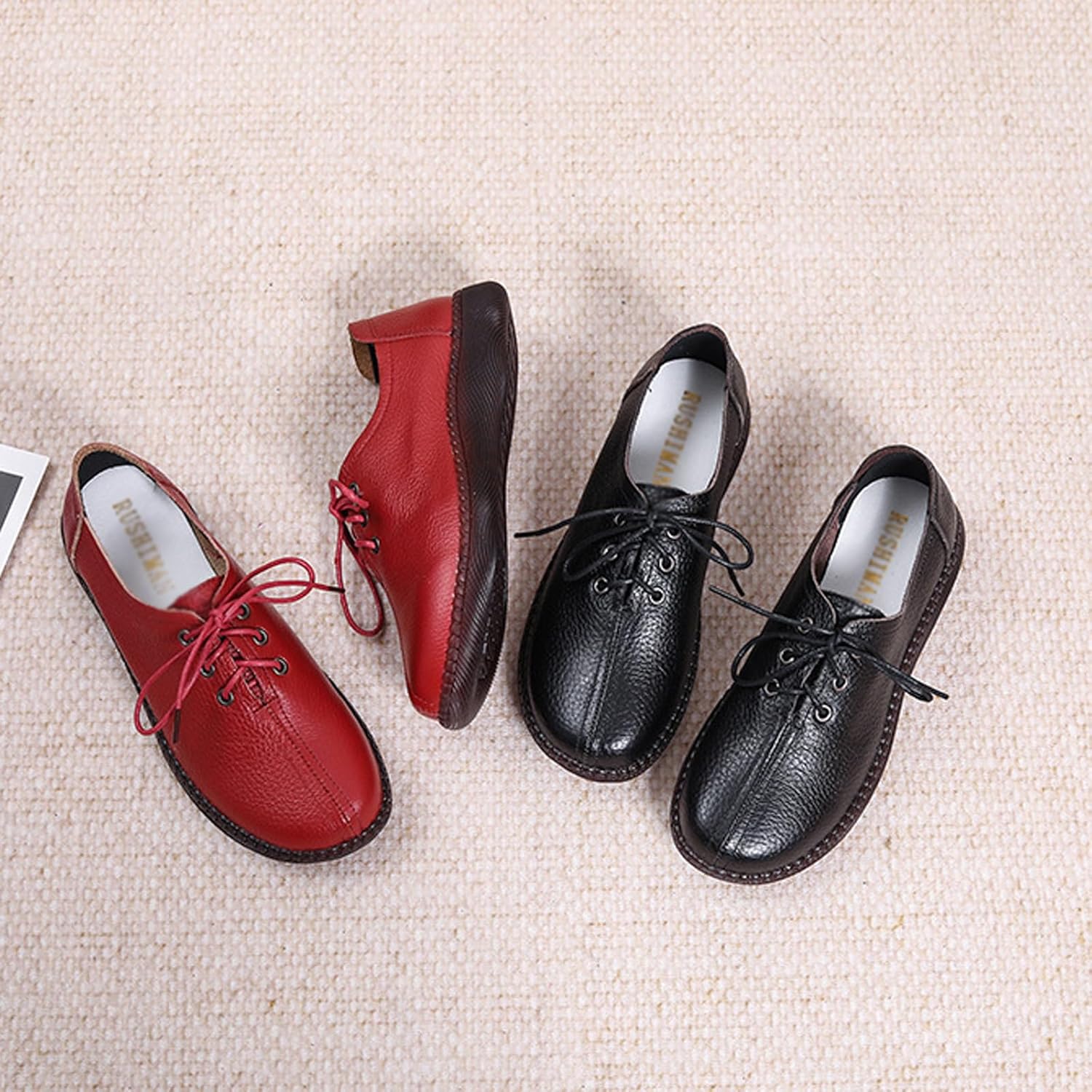 Women's Genuine Leather Lace-Up Flat Oxfords,Classic Round Toe Handmade Beef Tendon Soft Sole Business Formal Dress Driving Shoes Casual Comfortable Non-Slip Mom Walking Shoes