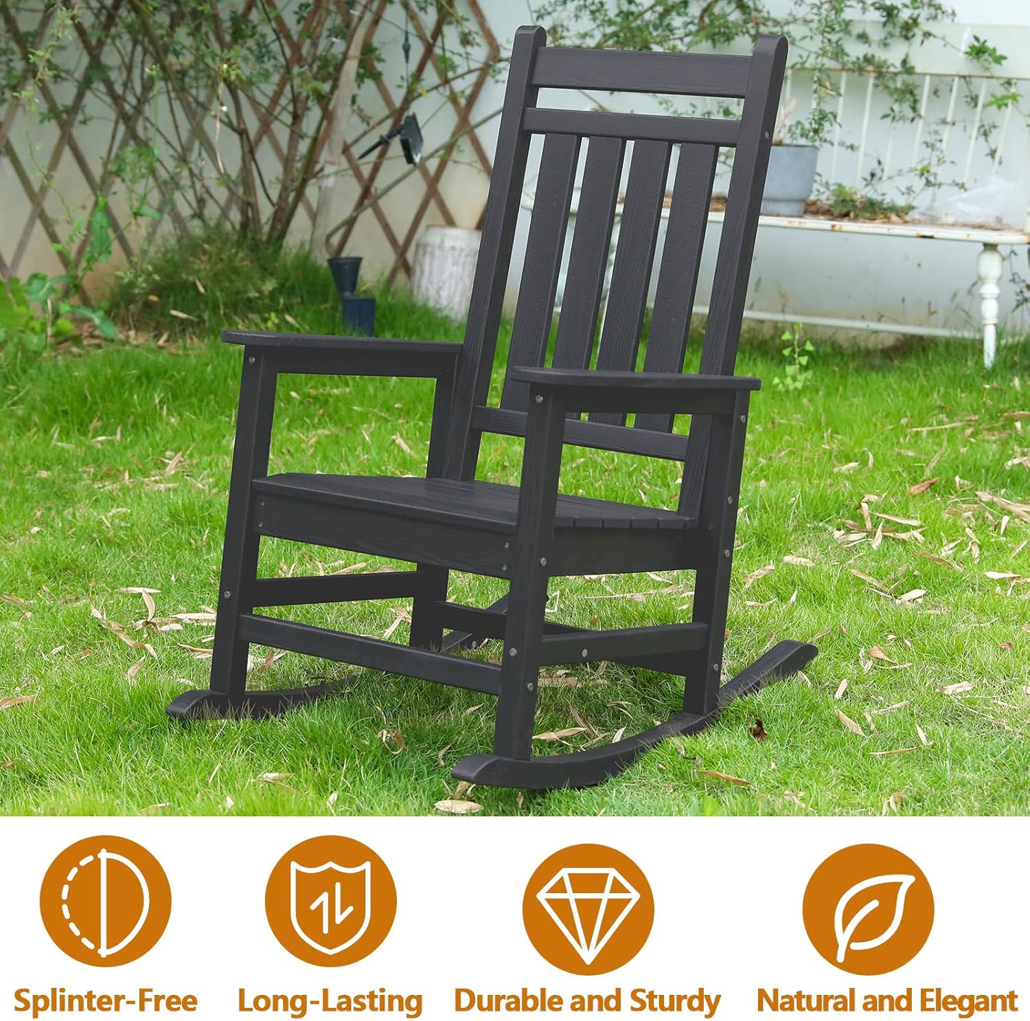 Oversized Outdoor Rocking Chair with Ergonomic Backrest, HDPE Patio Racking Chairs for Front Porch Outside All Weather, 300 LBS Capacity (Single, Black)