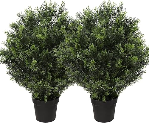 momoplant Juego de 2 plantas de árbol topiario de cedro artificial de 31 pulgadas de alto, plantas de hoja perenne de ciprés sintético