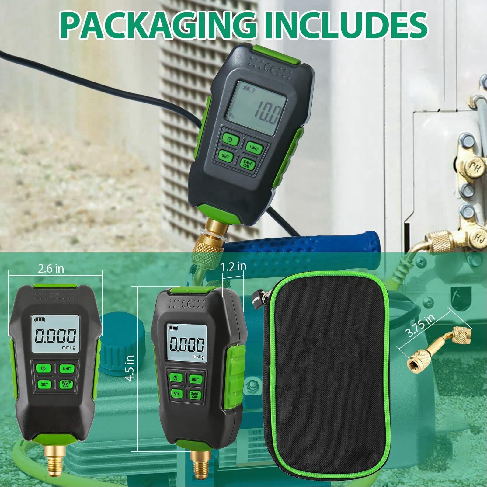 Vacuómetro Digital, Pantalla Grande, Precisión Profesional, Conector de Extensión Integrado, Interfaz 20UNF de 7/16 Pulgadas, 4 Unidades de Vacío, Resistente Al Agua y Al Polvo