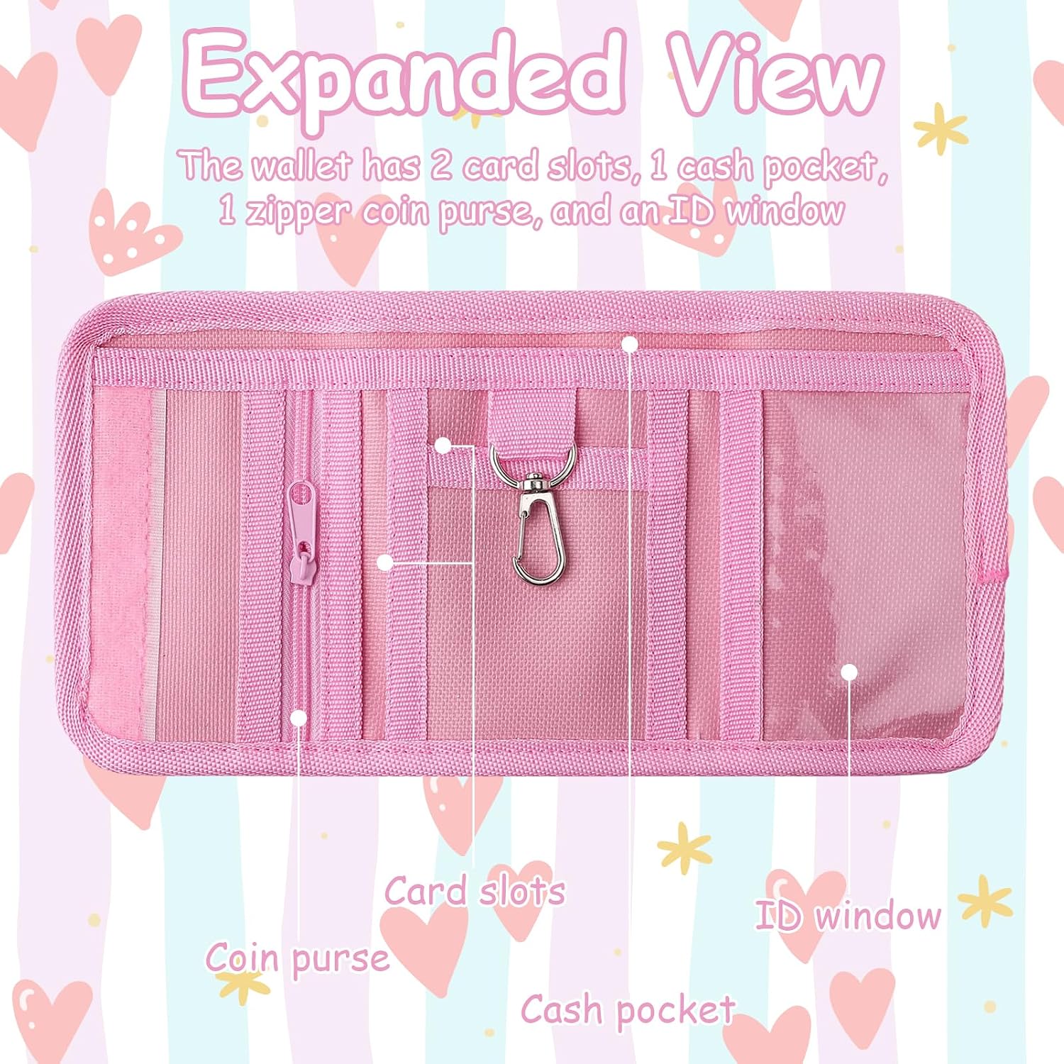 DEEKI Sparkly Tri-fold Wallets for Girls Canvas Wallets with Lanyard&Initials Cute Alphabet Letter Coin Pocket for Teen Birthday Gifts Pink-S