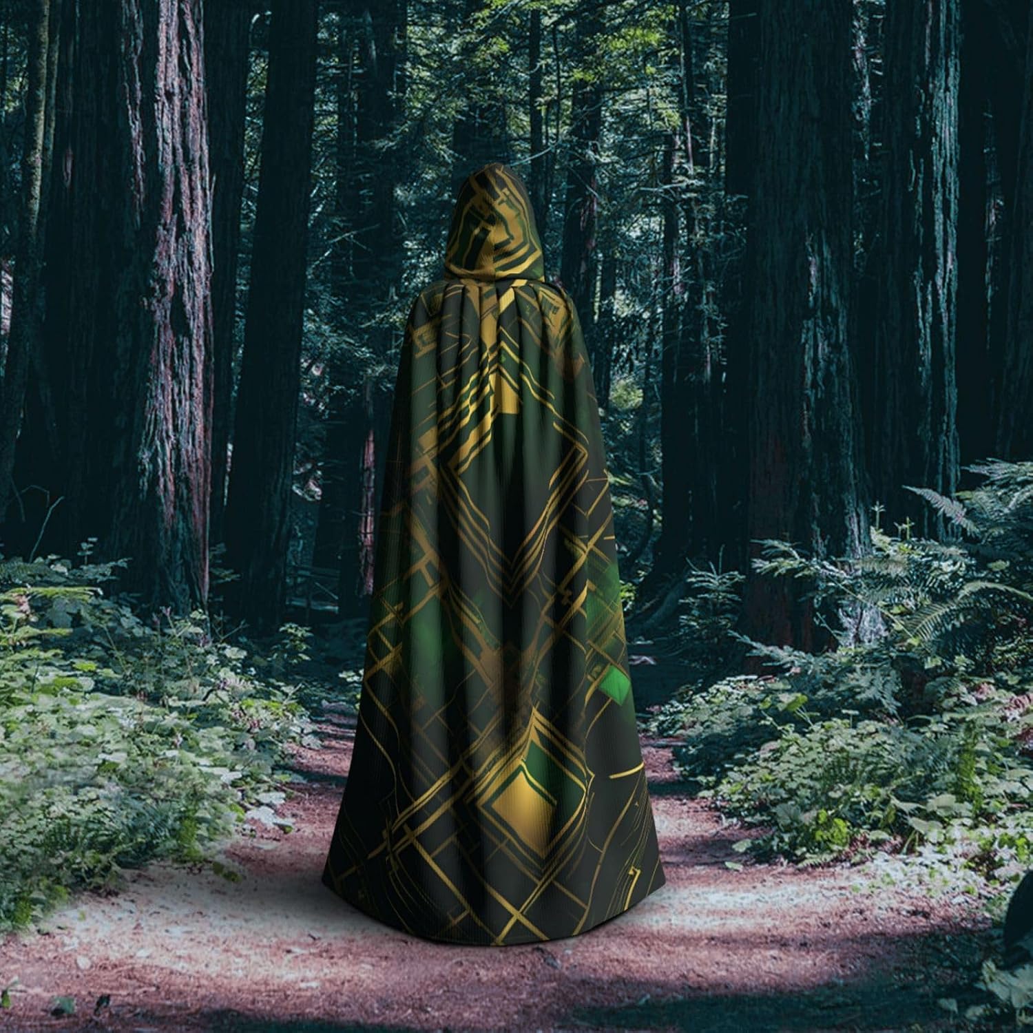 Unisex Full Length Hooded Halloween Christmas Party Robe Cloak Cape Cosplay Costume Men Women Black and Green Plaid Prints