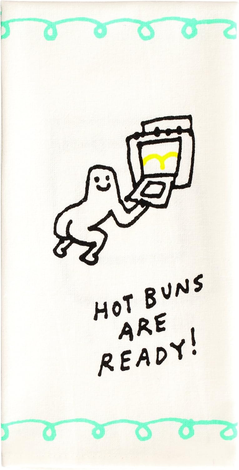 Blue Q Dish Towel, Hot Buns Are Ready (featuring cartoon tushy, bum, fanny). 100% Cotton, Funny and Functional, Screen-Printed in Rich Vibrant Colors, Measures 28"h x 21"w