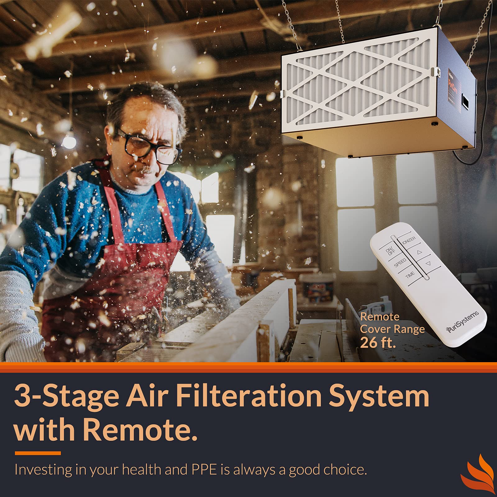 Purisystems PuriCare 1100IG - Sistema di filtrazione dell'aria, telecomando a 3 velocità, ionizzatore integrato, filtro dell'aria sospeso PuriCare 1100IG con telecomando RF per lavorazione del legno,