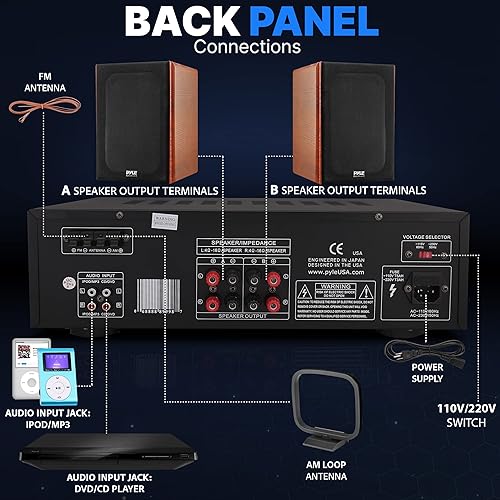 Miniatura 3 de Pyle Amplificador de potencia de audio para el hogar de 200 W, receptor estéreo con sintonizador AM FM, 2 entradas de micrófono con eco para