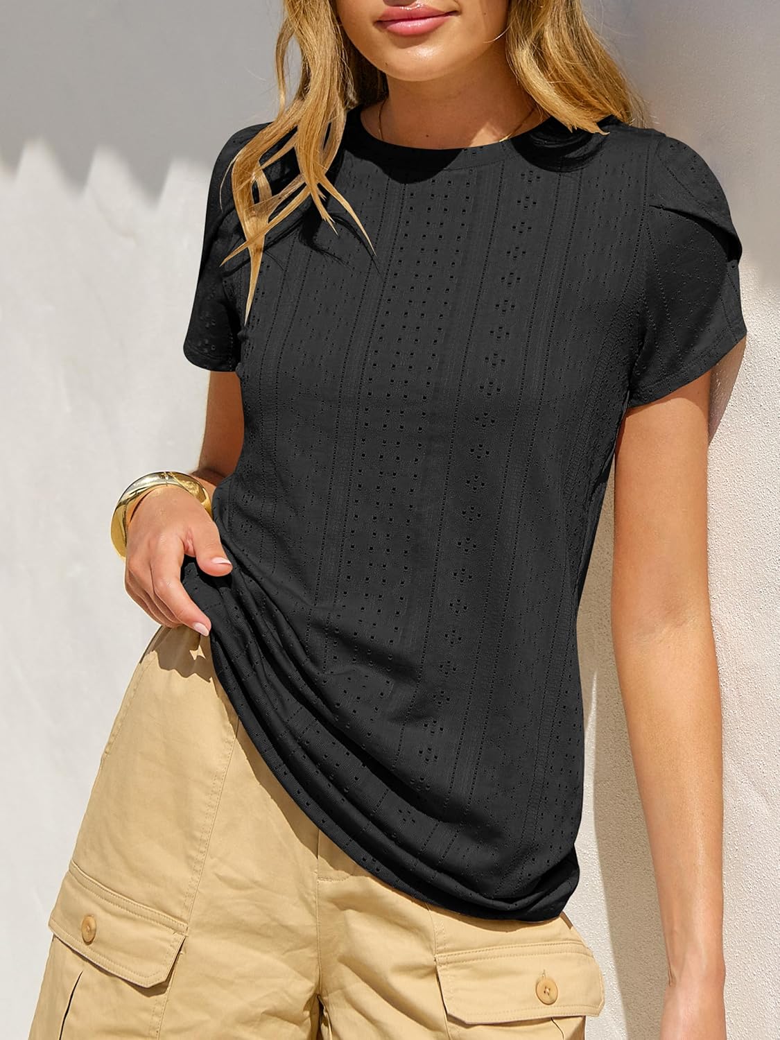 ANRABESS Womens Tops Summer Eyelet Petal Short Sleeve T Shirts Dressy Casual Blouses Ladies Basic Tees 2026 Spring Clothes - Image 2