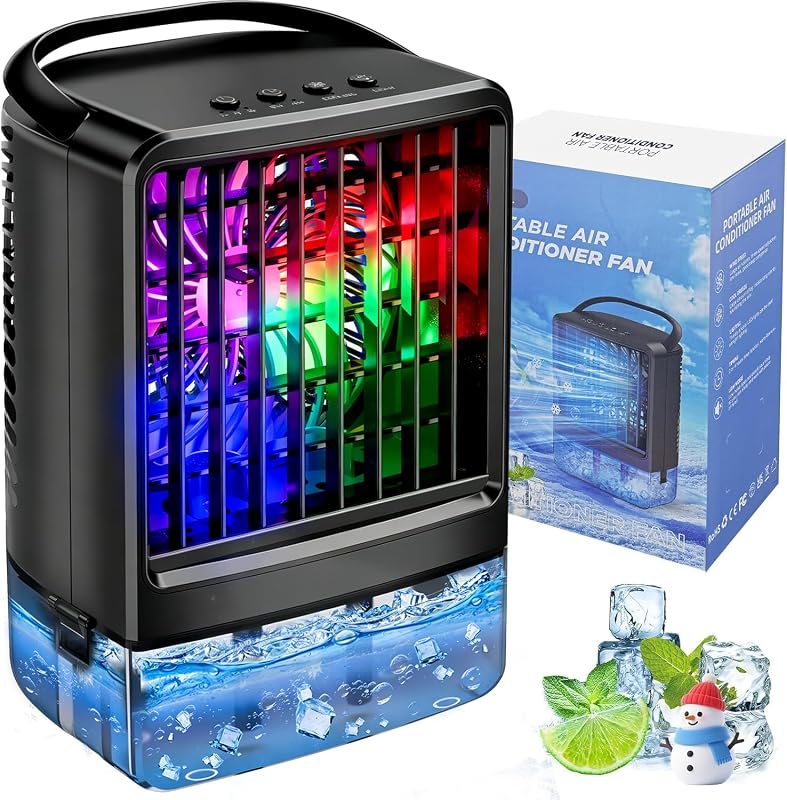 Upgraded Portable Air conditioners, 4-in-1 Desktop Cooling Fan with 3 Wind Speeds,Cooling Mist Mode,800ml Water Tank,7-Color Night light,Personal AC Fan with 2-4H Timer for Bedroom, Office, Home, Car