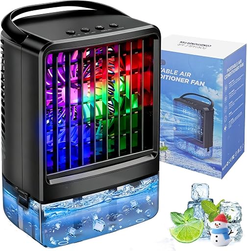 Upgraded Portable Air conditioners, 4-in-1 Desktop Cooling Fan with 3 Wind Speeds,Cooling Mist Mode,800ml Water Tank,7-Color Night light,Personal AC Fan with 2-4H Timer for Bedroom, Office, Home, Car