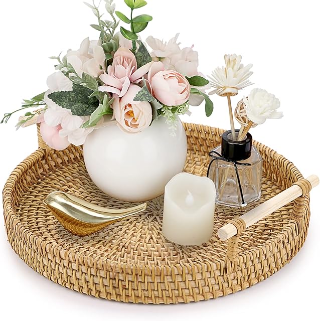 IGNPION Round Rattan Woven Serving Tray 24.5cm Decorative Display Tray Storage Platters with Handle Table Desktop Organiser Tray for Coffer,Drink,Breakfast,Tea,Candle