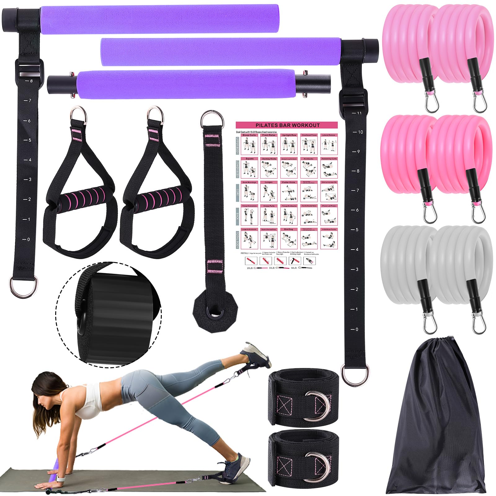 Bbtops Pilates Bar Kit with Resistance Bands,3-Section Pilates Bar with Stackable Bands Workout Equipment for Legs,Hip,Waist and Arm,Exercise Fitness Equipment for Women & Men Home Gym Yoga Pilates