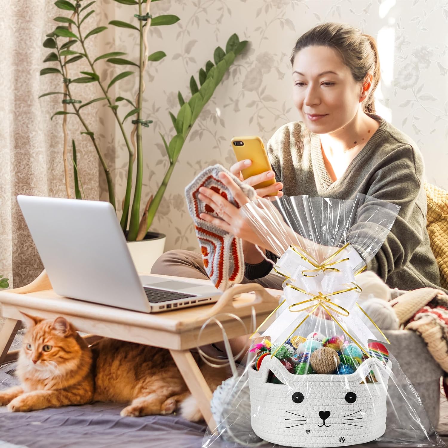 Zopeal 2 Pack Small Cat Woven Basket with Gift Bag and Ribbon, Empty Decorative Gift Basket, Toy Cotton Rope Storage Organizer for Nursery Baby Shower Birthday 8.3 x 4.7 Inch(White)