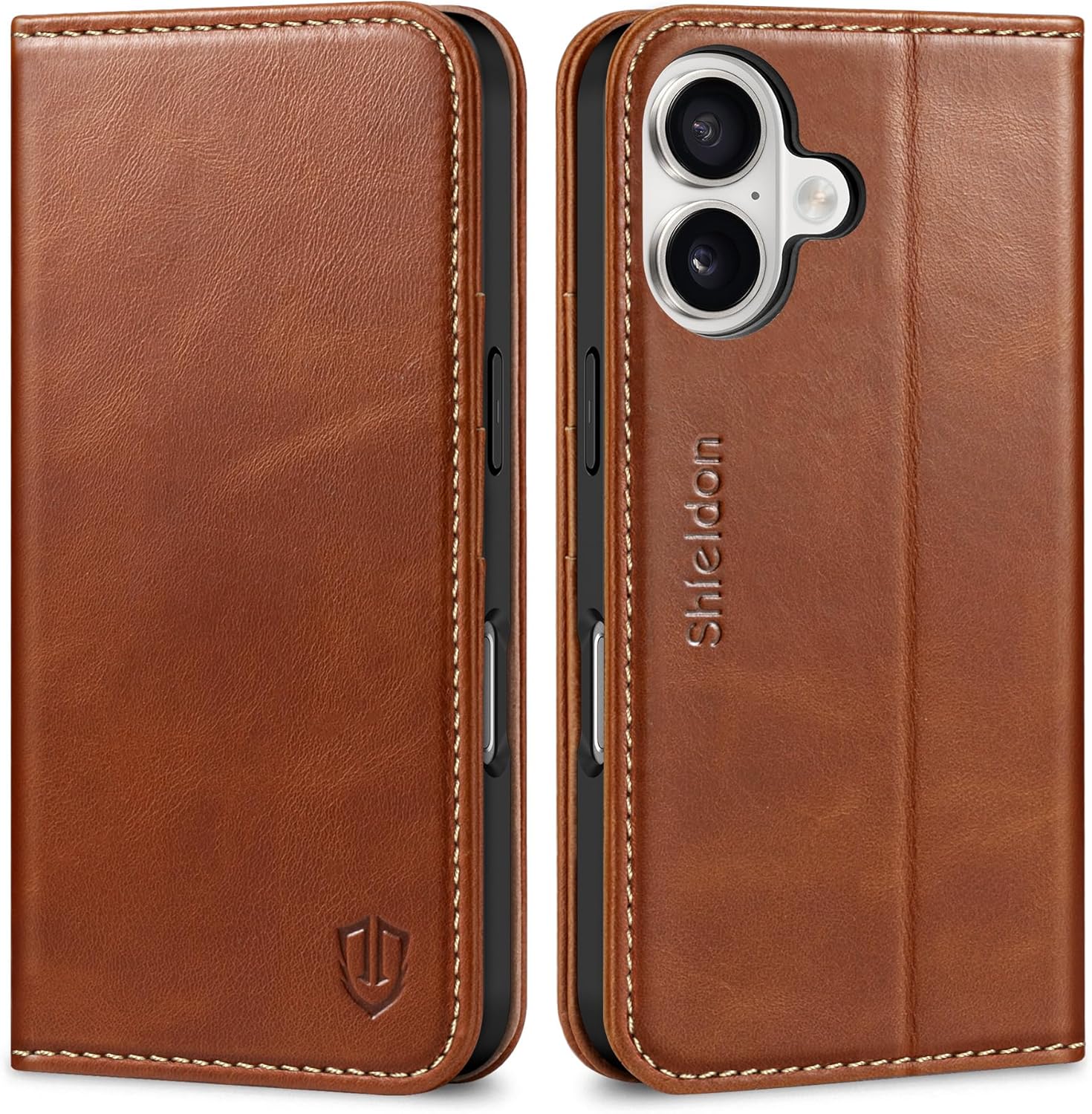 SHIELDON Genuine Leather Case Wallet for iPhone 17 6.3-inch 5G 2025 | Foldable, Magnetic Closure, Kickstand, RFID Blocking Credit Card Holder, Shock-Absorbent Phone Cover - Retro Brown