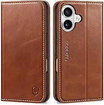 SHIELDON Genuine Leather Case Wallet for iPhone 17 6.3-inch 5G 2025 | Foldable, Magnetic Closure, Kickstand, RFID Blocking Credit Card Holder, Shock-Absorbent Phone Cover - Retro Brown