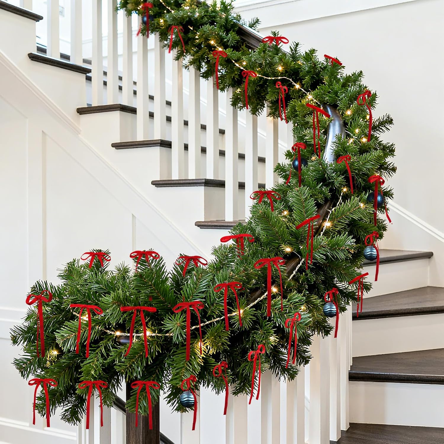 Breezy Valley Red Velvet Bows for Christmas Tree Decorations Ribbon 24 Pcs - Velvet Christmas Ribbon Bows for Tree, Rustic Premade Bow for Xmas Trees Wreath Garland Vintage Home Decor, 5x7 Inch, 3/8" - Image 5