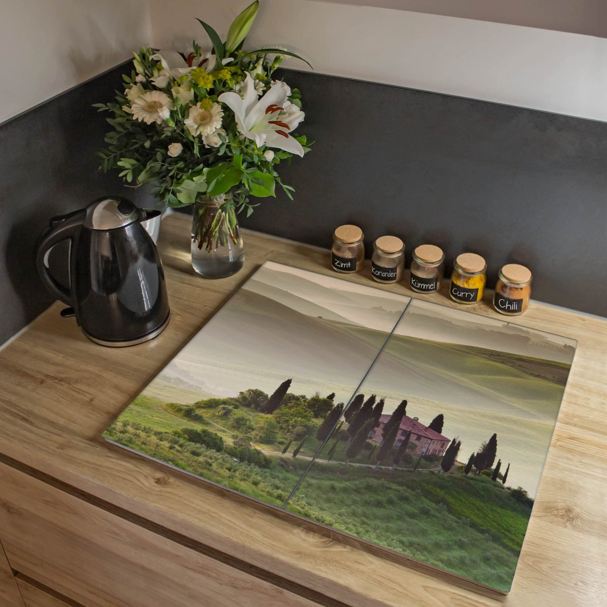 banjado Kochfeld Abdeckung Glas 2-teilig 60x52 cm, Herdabdeckplatte und Schneidebrett Küche aus gehärtetem Glas, urbaner Spritzschutz Städte & Architektur für moderne Küchen mit Motiv Toscana