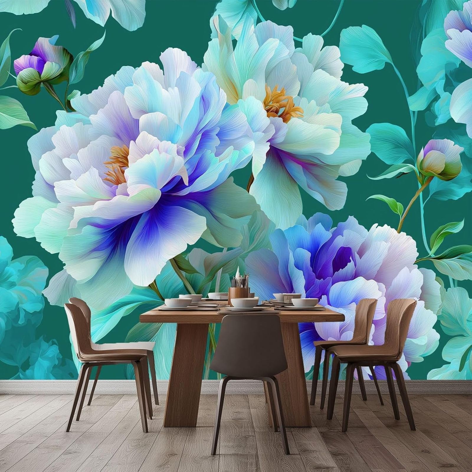 pdghsdkgjh 3D Photo Wallpaper Oriental Style Gradient Flowers Peony, for Living Room Bedroom TV Background – Modern Wall Decor Green, 300cm x 210cm Stickers - Frameless Painting - Poster