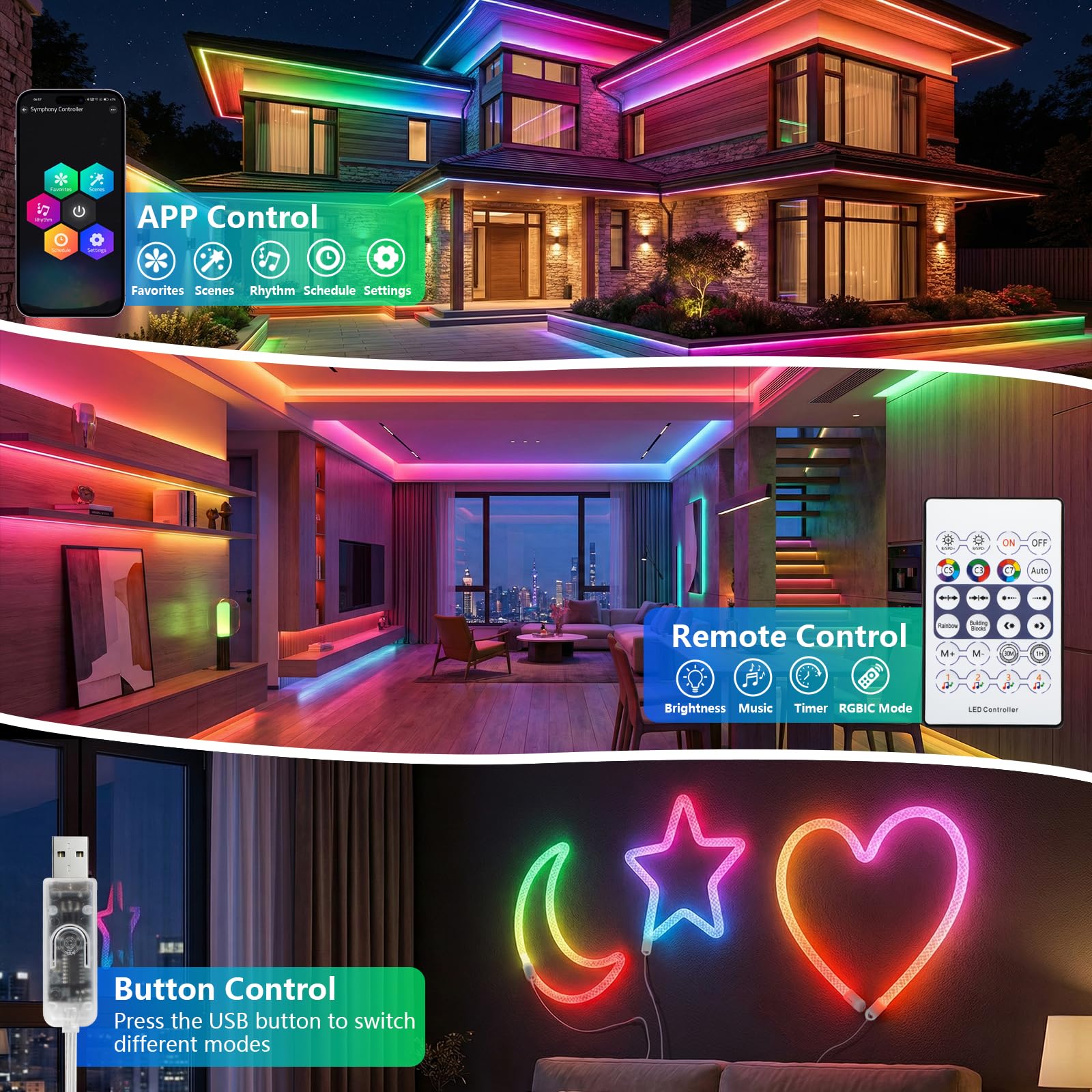 Neon LED Strip RGB+IC 5M, 5V USB LED Streifen mit Fernbedienung | 360 Grad Rund Neon, IP67 Wasserdicht, mit Timer Musik Sync APP Steuerung für Pavillon Dachvorsprung Steinsäulen Oudoor Deko