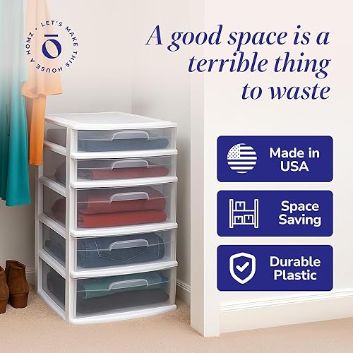 Miniatura 6 de HOMZ Torre de cajón, carrito organizador de almacenamiento de plástico transparente extra ancho de 5 niveles, marco blanco, contenedores