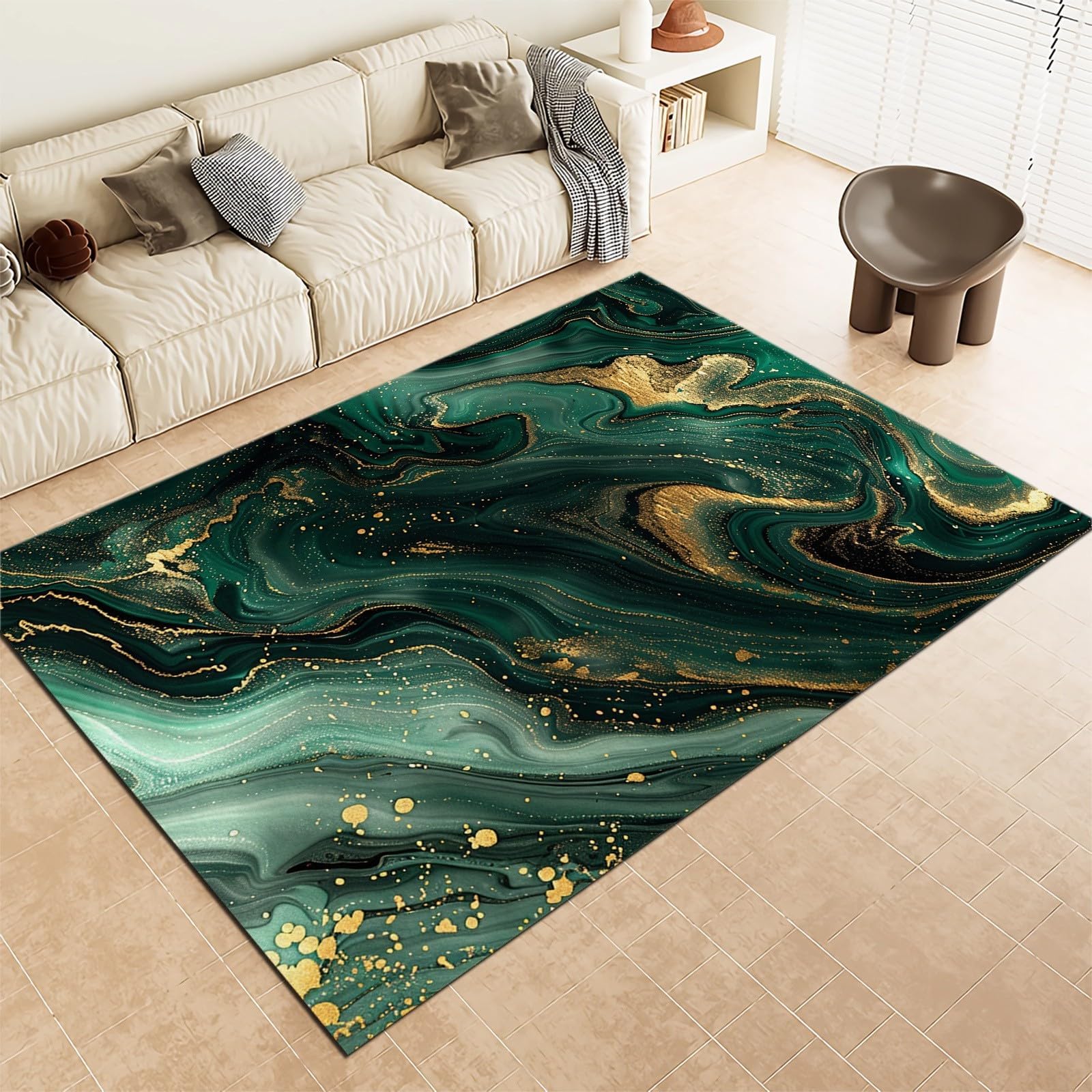 Emerald Green Print Washable Area Rugs 2 x 3 ft for Living Room, Large Non-Slip Abstract Art Marble Swirls Kids Nursery Throw Rug Carpet for Bedroom Entryway Dining Room Office Carpets Decor