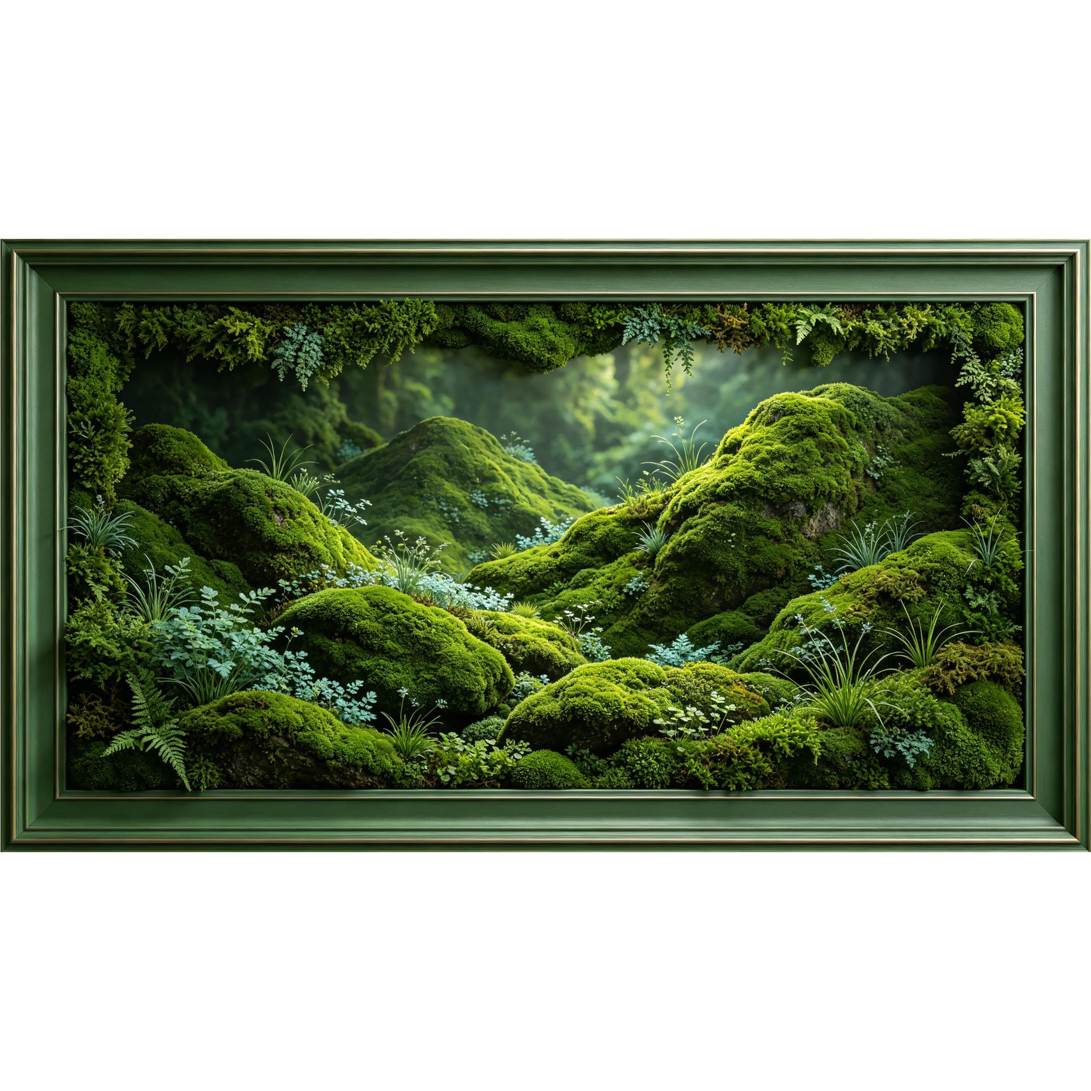 QZLITHOTIC 50×90cm3D Framed Wall Art， Lush Forest Landscape Mossy Mountain Terrain Self?Adhesive Mural， Water?Activated Peel & Stick Fabric Decor Wall Decal for Bedroom Living Room