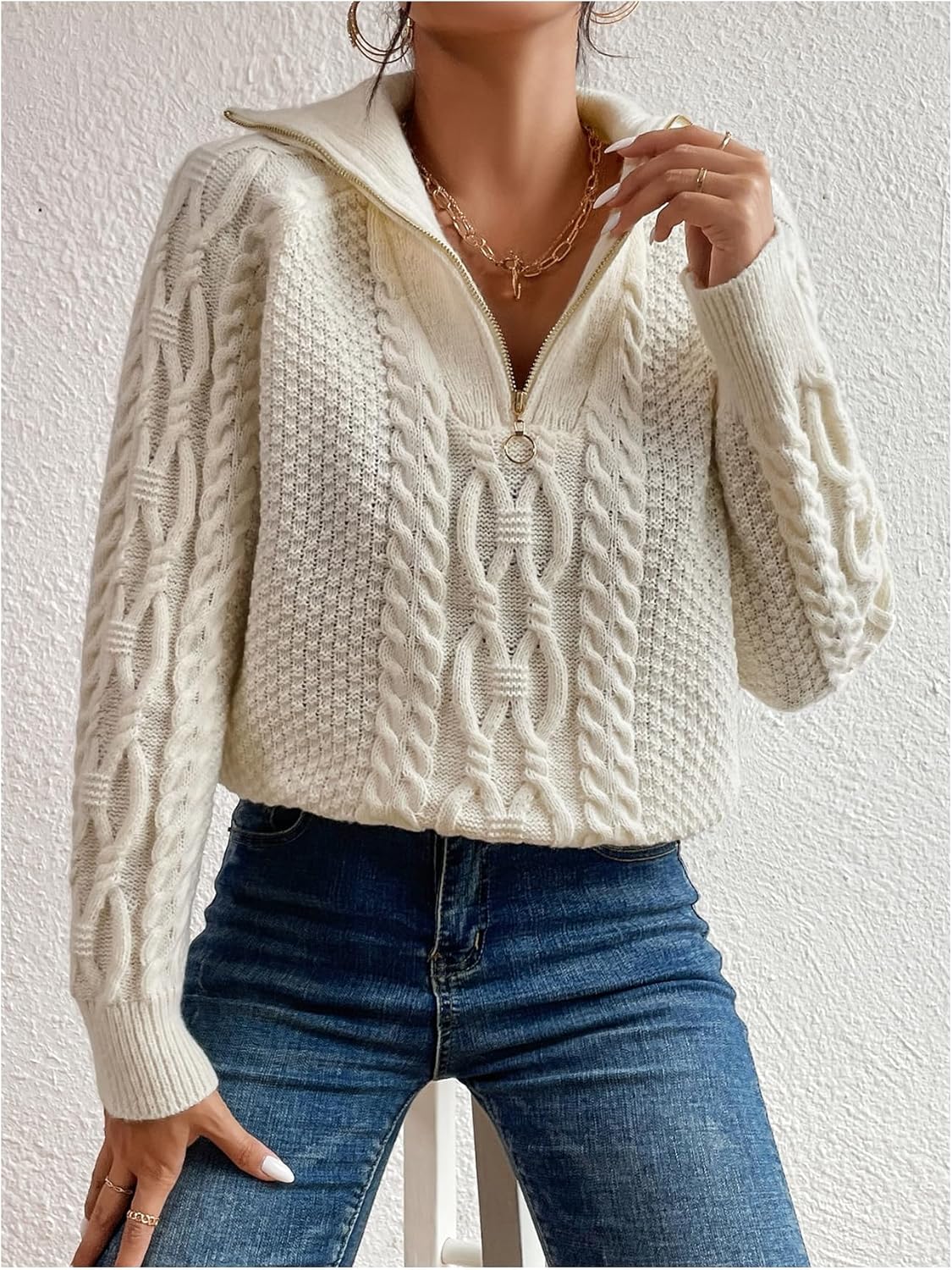 WDIRARA Women's Long Sleeve Half Zip V Neck Collar Ribbed Knitted Crochet Pullover Sweaters White Large - Image 4