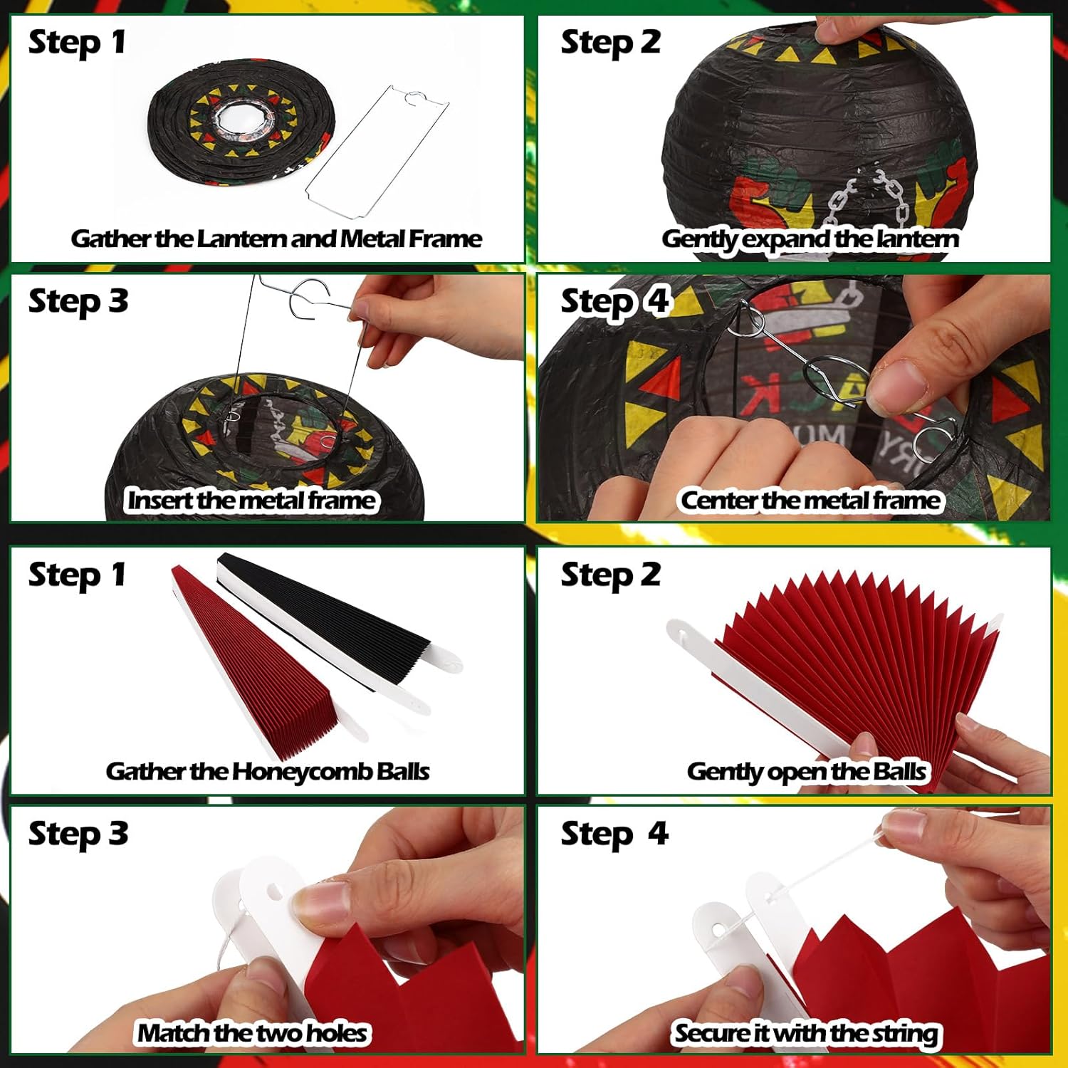 18 Pcs Black History Month Party Hanging Decoration Black Red Green Yellow Hanging Paper Lanterns Round Honeycomb Ball Paper Fans for Juneteenth African American Holiday Party Decorations Supplies