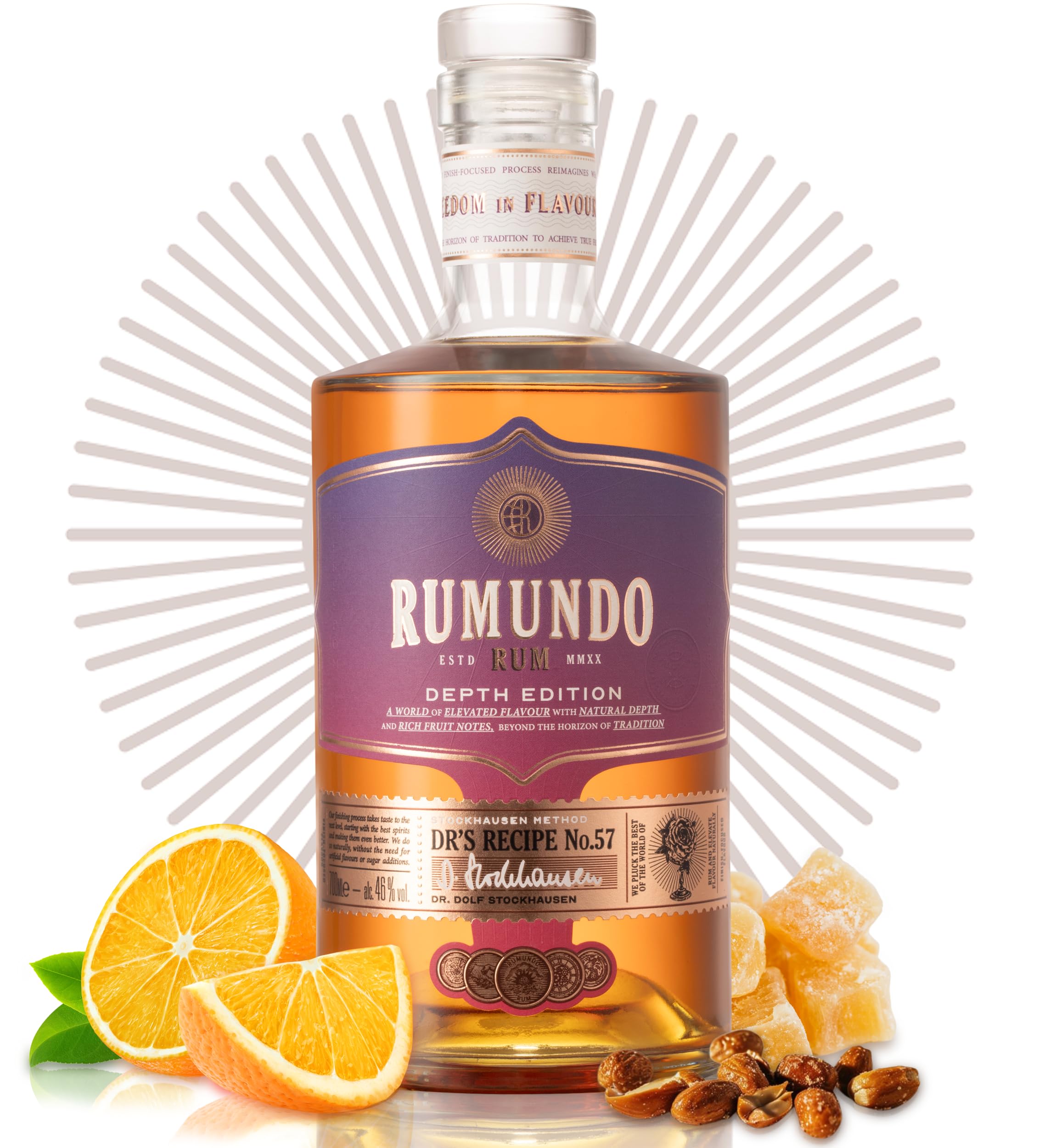 Rumundo Rum von Seven Seals | 0,7 l Premium Rum Flasche | Depth Edition | Facettenreiche Aromen des Dr’s Recipe No. 57 : Orange, Nüsse, Ingwer & Vanille | 46% vol | Einzigartiges Geschenk