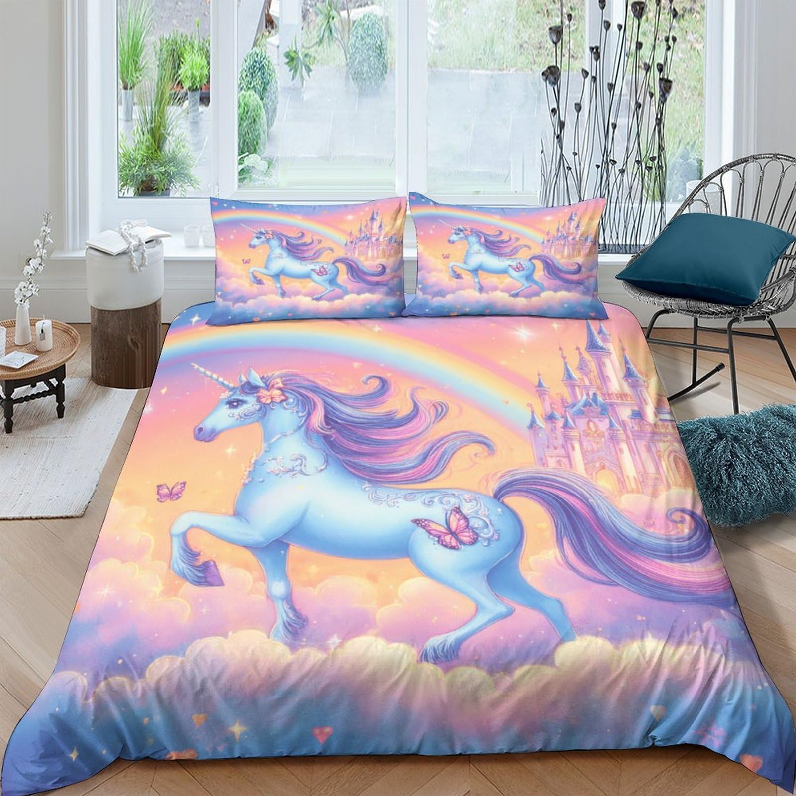 Ctjqhvkz Style-7 3D Printed Pastel Unicorn Fitted Sheet Microfiber Soft Rainbow Castle Mattress Cover For Bedroom Dorm Decorative Use Single（135X200cm）