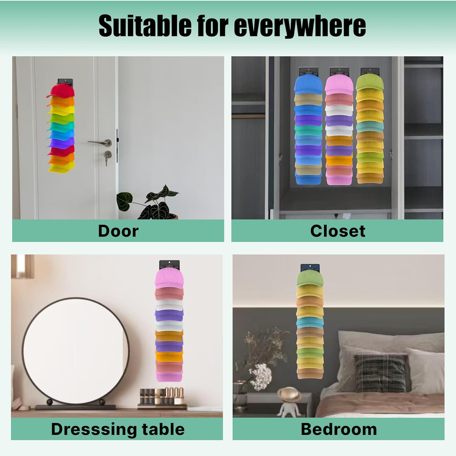 Hat Organizer for Baseball Caps 2 Packs with Built-in Spring Clips - Wall Mount Closet Hat Rack Holder, Adjustable Storage for Door/Closet Display Hat Racks Hanger (Strong Adhesive & Screws) - Image 6