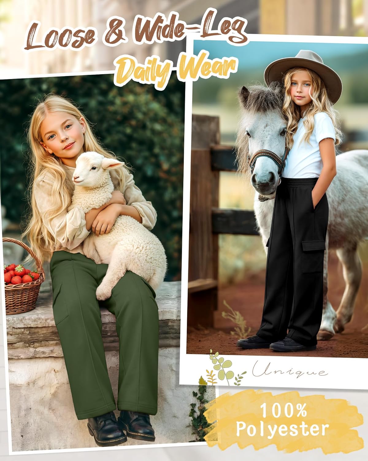 4 Pack Girls Cargo Sweatpants Kids Wide Leg High Waist Pants Casual Baggy Athletic Elastic Waistband Joggers 5-14Y