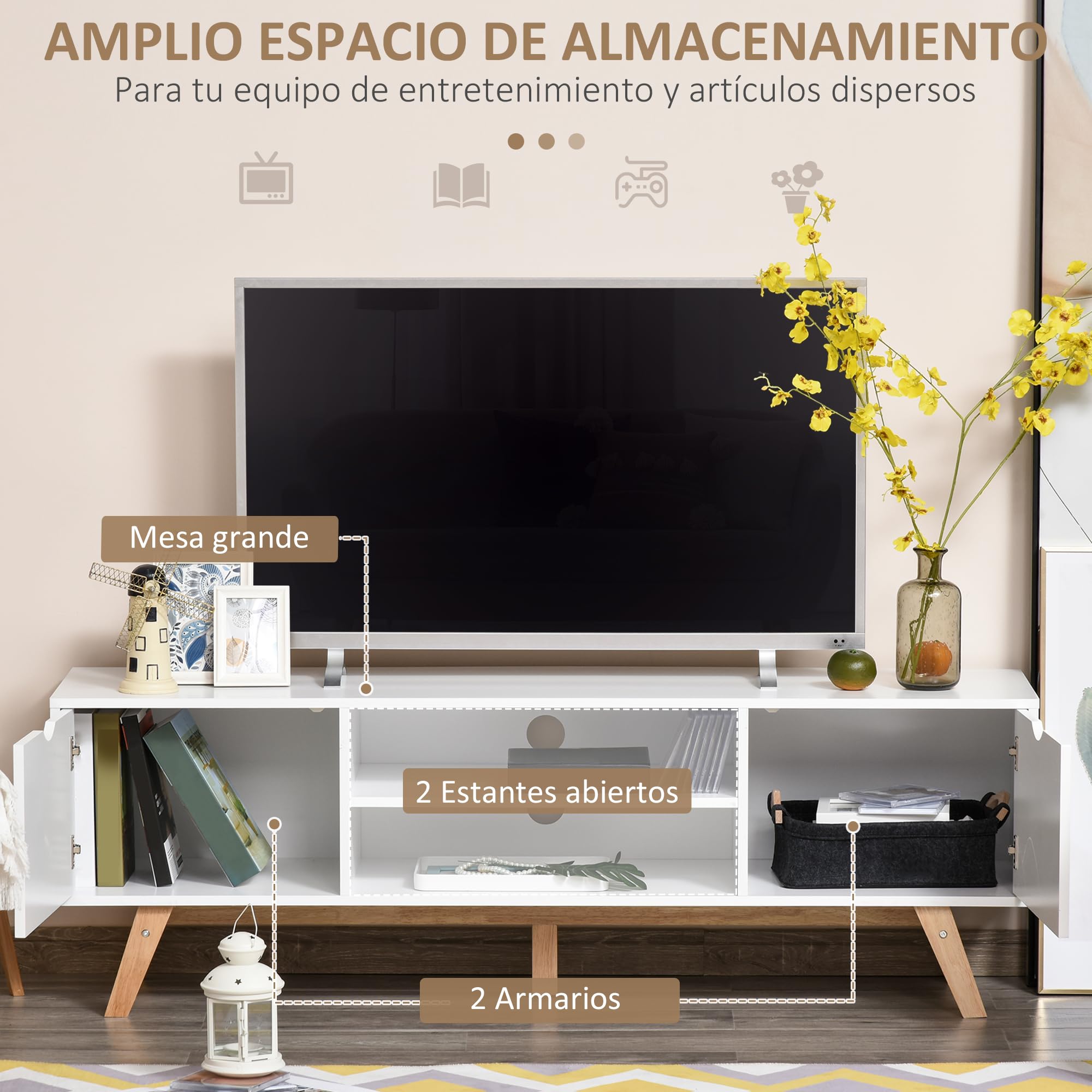 HOMCOM Mueble de TV Salón Moderno para 65 Pulgadas 150x39x50 cm | Mueble para Televisores, Mesa de TV, 2 Estantes Abiertos, Patas de Madera