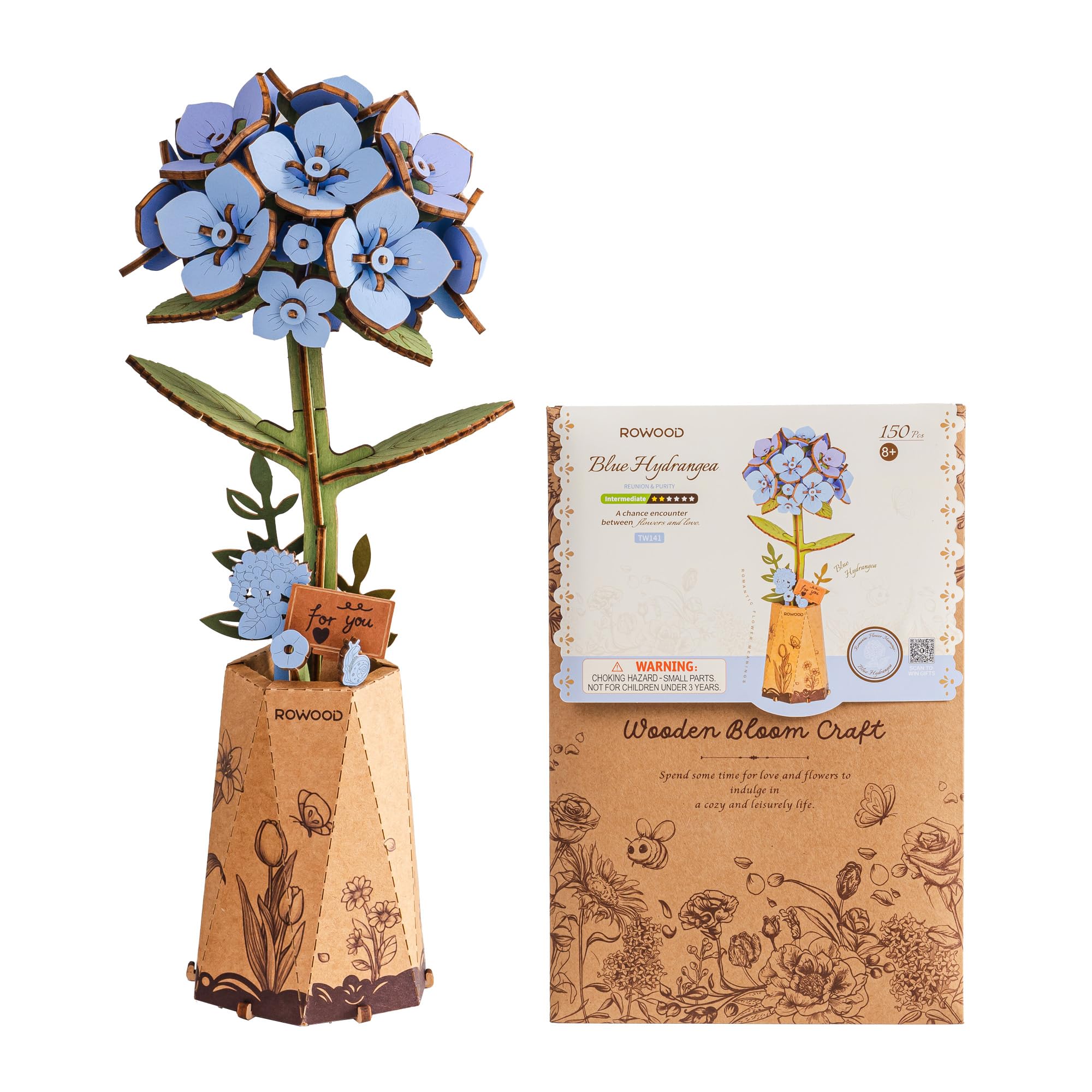 ROWOOD Künstliche Blume Blaue Hortensie, 3D Holzpuzzle DIY Blumenbausatz | Blaue Hortensie im Topf, künstliche Holzblumen Bausatz, für Erwachsene und Teens, Heimdeko Regal Schreibtisch, Geschenk Fans