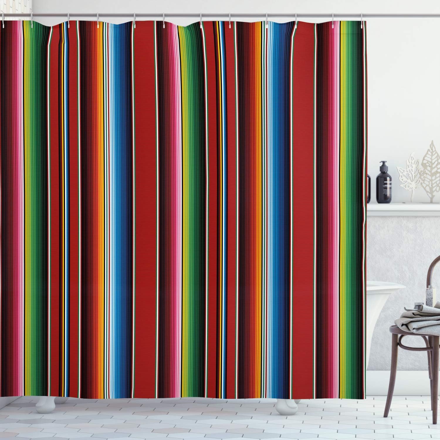 Ambesonne Cinco de Mayo Shower Curtain, Mexican Serape Colorful Stripes Vertical Lines Latino Design Illustration, Cloth Fabric Bathroom Decor Set with Hooks, 69" W x 70" L, Blue Vermilion Green