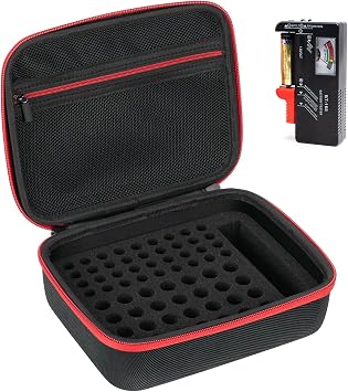 Battery Organizer Storage Case with Tester, Hardshell Portable Checker Carrying Case Holds Batteries AA AAA AAAA C D 9V, Battery Organizer Storage Box Hold 64+ Cell