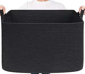 Goodpick Large Woven Storage Basket, 105L Extra Large Blanket Basket for Living Room, Bedroom, Rectangle Cotton Rope Organizer for Toy Storage, 25”x16”x16”, Black