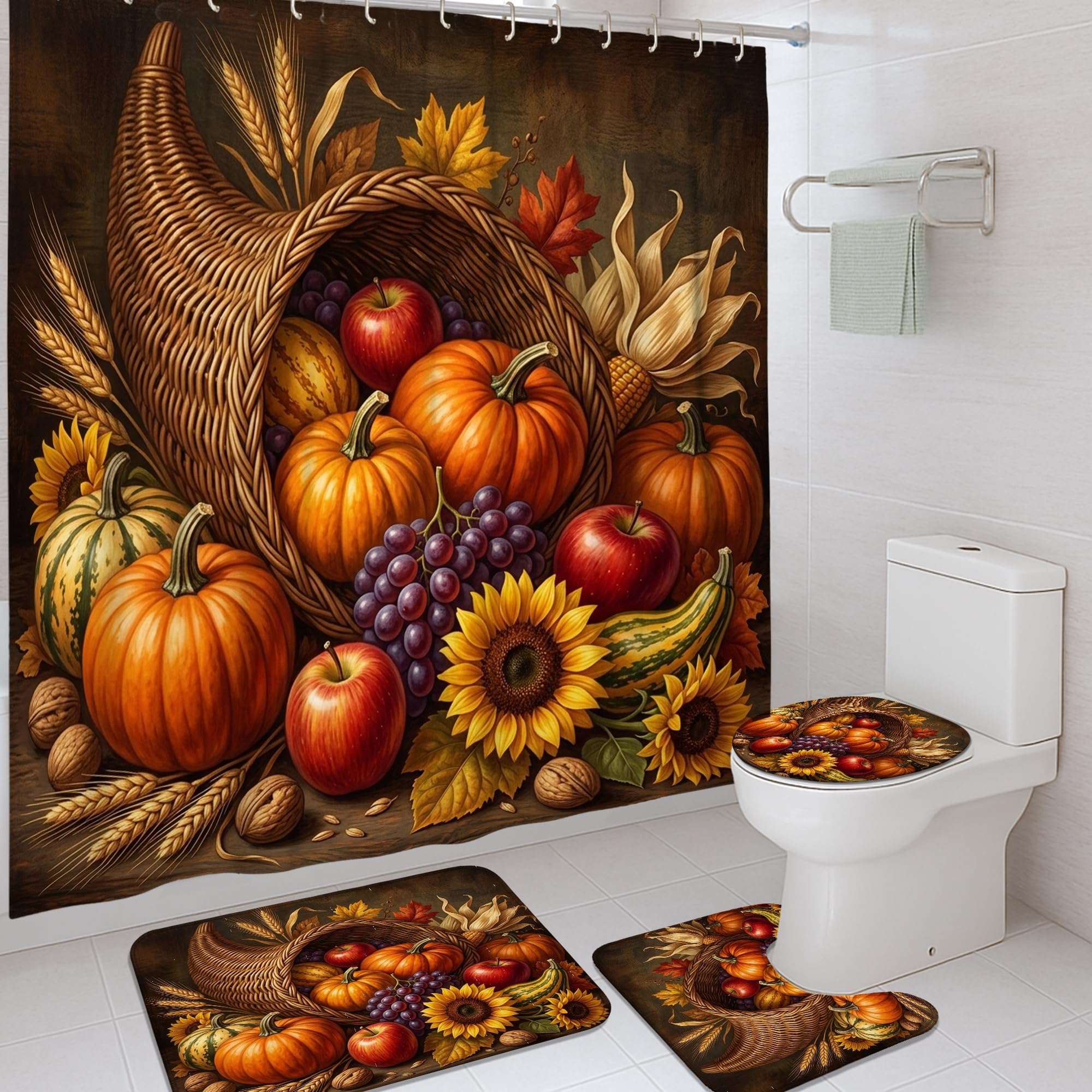 Ensemble de rideaux de douche et tapis de bain d'automne avec motifs citrouilles et crochets