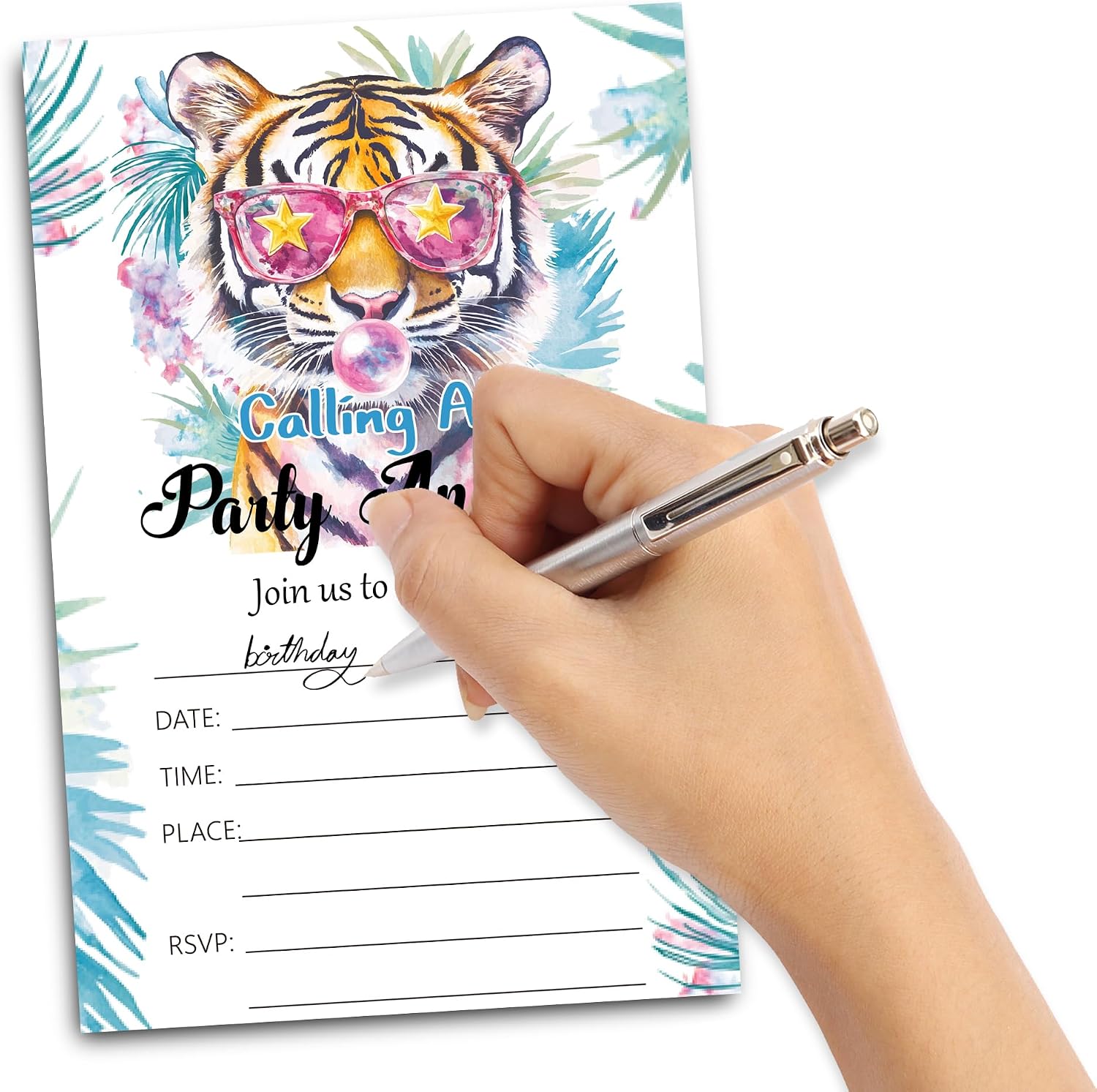 Party Animals Birthday Invitation Cards, Safari Jungle Tiger Birthday Party Fill in Invitations, Double-Sided Design, 30 Cards with 30 Envelopes