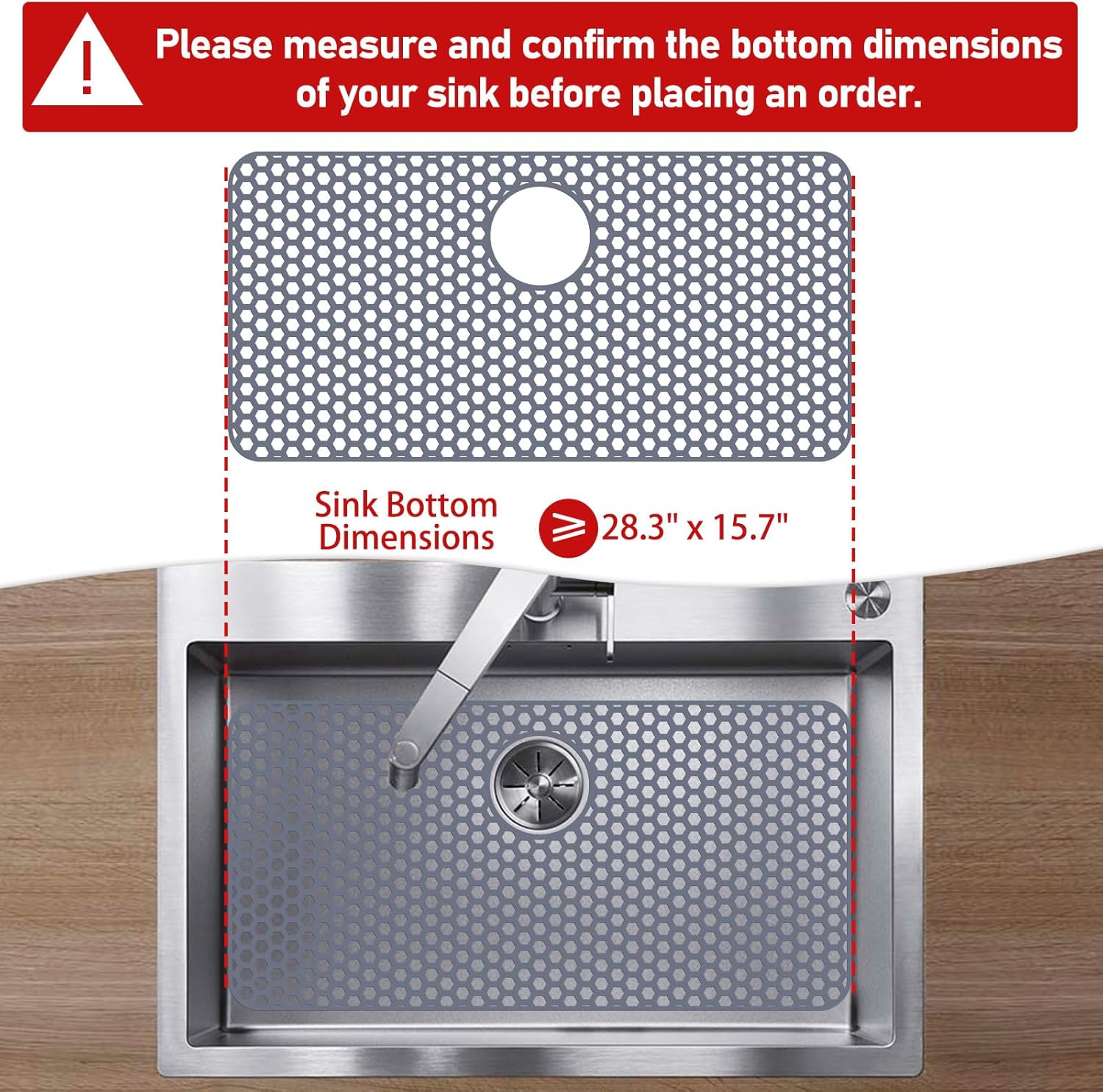 Bestjing Silicone Sink Protectors for Kitchen Sink with Rear Drain - 28.3"x 15.7" Kitchen Protector Accessory, Non-Slip Heat Resistan Mat for Bottom of Farmhouse Stainless Steel Porcelain(Gray)