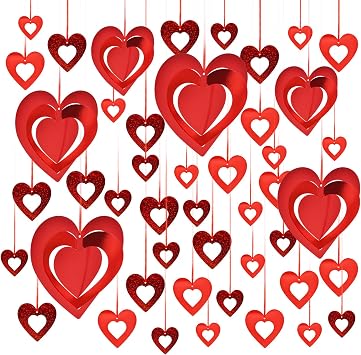 46 Pcs Valentines Day Hanging Heart Ornament Decorations, Red Love Glitter Swirl Hollowed Heart Decorations for Tree Ceiling Romantic Bridal Shower, Wedding, Engagement, Anniversary