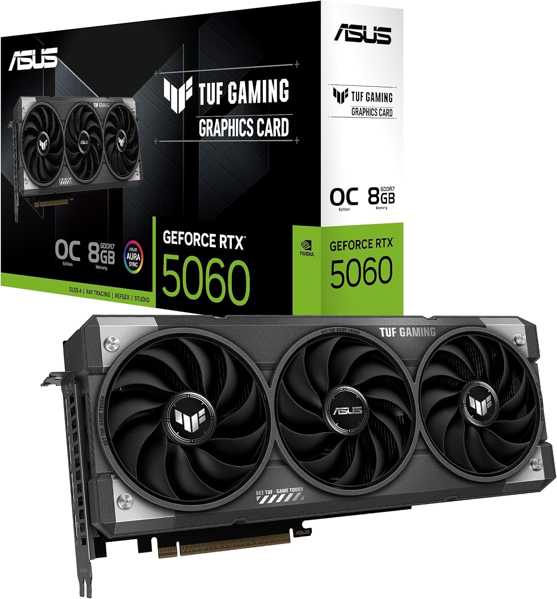 Tarjeta gráfica TUF Gaming NVIDIA GeForce RTX 5060 8GB GDDR7 OC Edition, (PCIe 5.0, HDMI/DP 2.1, ranura 3.1, componentes de grado militar, revestimiento protector de PCB, ventiladores de tecnología axial), 3 años de garantía