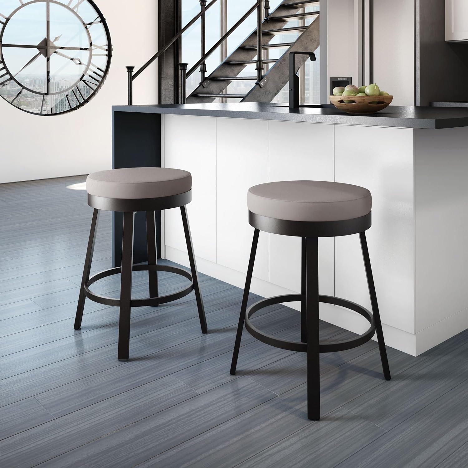 Amisco Clock Swivel Metal Counter Stool, 26-Inch, Dark Brown Metal and Warm Grey Polyurethane