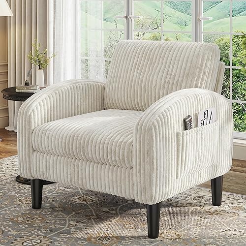 Accent Chair for Living Room,Comfy Reading Chair for Bedroom,Mid Century Modern Chair with 2 Side Pockets,Upholstered Armchair for Apartment,Small Room,Beige