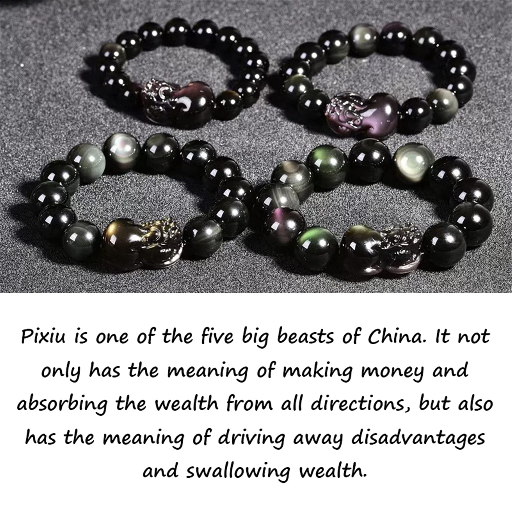WZGWDC Schwarzes Obsidian-Armband, Piyao-Armband, natürliche Regenbogenaugen-Perlen, Kristall-Talisman, Wohlstand, 16 mm